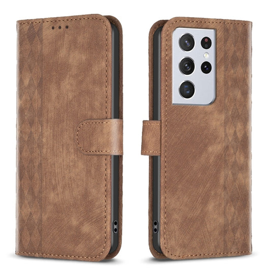 For Samsung Galaxy S21 Ultra 5G Plaid Embossed Leather Phone Case(Brown) - Galaxy S21 Ultra 5G Cases by buy2fix | Online Shopping UK | buy2fix