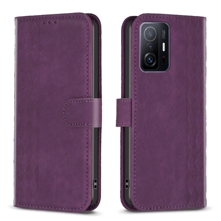 For Xiaomi 11T / 11T Pro Plaid Embossed Leather Phone Case(Purple) - Xiaomi Cases by buy2fix | Online Shopping UK | buy2fix