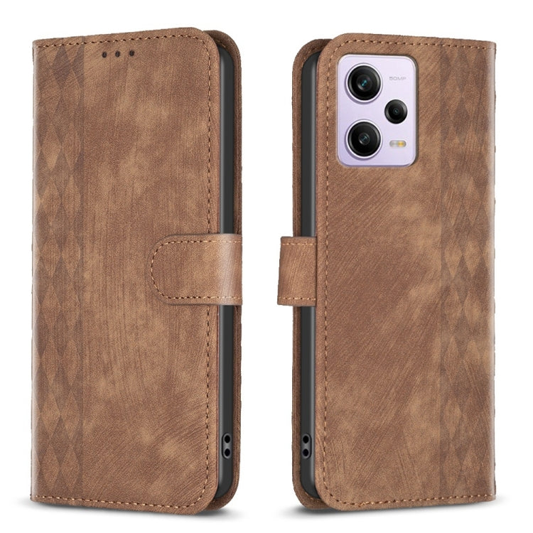 For Xiaomi Redmi Note 12 Pro Global Plaid Embossed Leather Phone Case(Brown) - Note 12 Pro Cases by buy2fix | Online Shopping UK | buy2fix