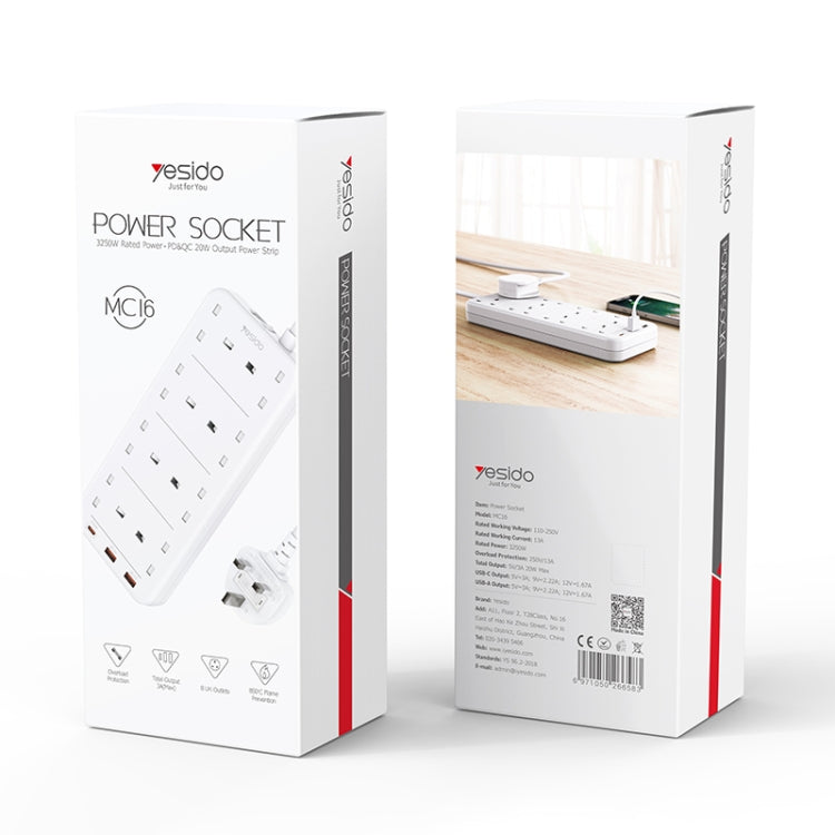 Yesido MC-16 8 Plugs + PD 20W+2 QC3.0 Ports 3250W High Power Fast Charging Socket(UK Plug) - Extension Socket by Yesido | Online Shopping UK | buy2fix