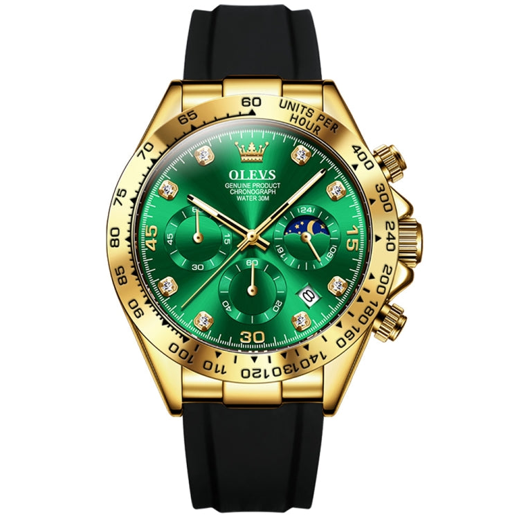 OLEVS 2875 Men Multifunctional Sports Chronograph Waterproof Quartz Watch(Green + Gold) - Silicone Strap Watches by OLEVS | Online Shopping UK | buy2fix