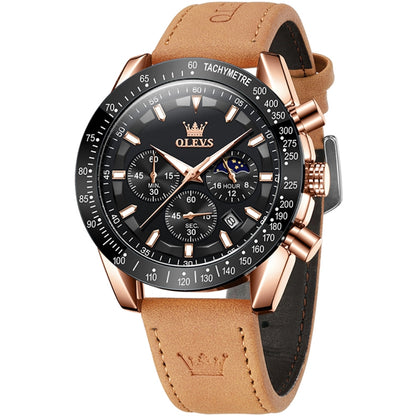OLEVS 9957 Men Luminous Waterproof Leather Strap Quartz Watch(Black + Rose Gold) - Leather Strap Watches by OLEVS | Online Shopping UK | buy2fix