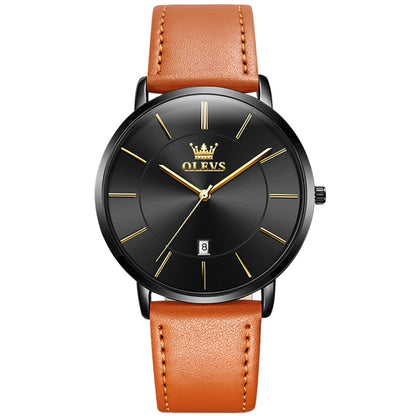 OLEVS 5869 Men Business Waterproof Genuine Leather Strap Quartz Watch(Black + Brown) - Leather Strap Watches by OLEVS | Online Shopping UK | buy2fix