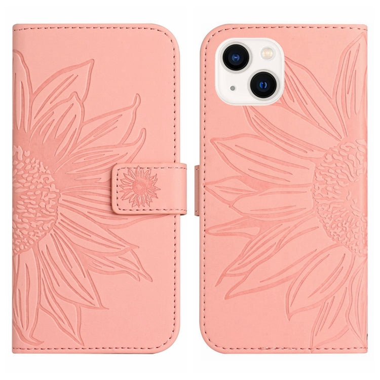 For iPhone 15 Skin Feel Sun Flower Embossed Flip Leather Phone Case with Lanyard(Pink) - iPhone 15 Cases by buy2fix | Online Shopping UK | buy2fix