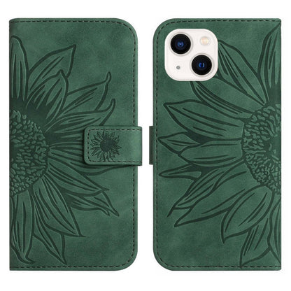 For iPhone 15 Plus Skin Feel Sun Flower Embossed Flip Leather Phone Case with Lanyard(Green) - iPhone 15 Plus Cases by buy2fix | Online Shopping UK | buy2fix