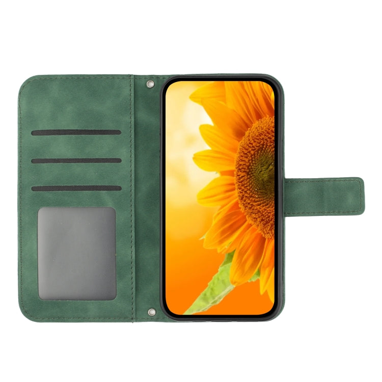 For iPhone 15 Plus Skin Feel Sun Flower Embossed Flip Leather Phone Case with Lanyard(Green) - iPhone 15 Plus Cases by buy2fix | Online Shopping UK | buy2fix
