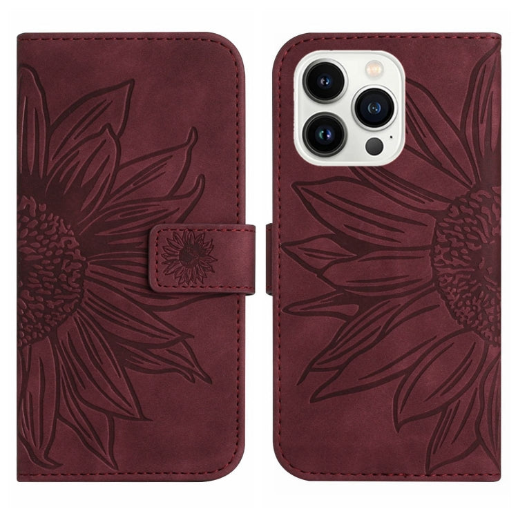 For iPhone 15 Pro Max Skin Feel Sun Flower Embossed Flip Leather Phone Case with Lanyard(Wine Red) - iPhone 15 Pro Max Cases by buy2fix | Online Shopping UK | buy2fix