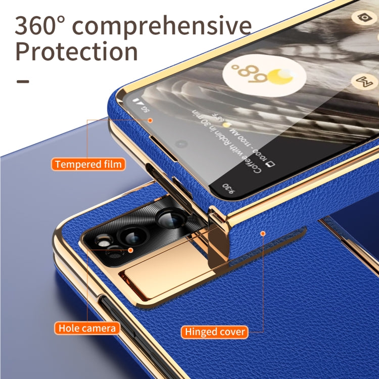 For Google Pixel Fold Litchi Pattern Electroplating Folding Phone Case with Hinge(Royal Blue) - Google Cases by buy2fix | Online Shopping UK | buy2fix