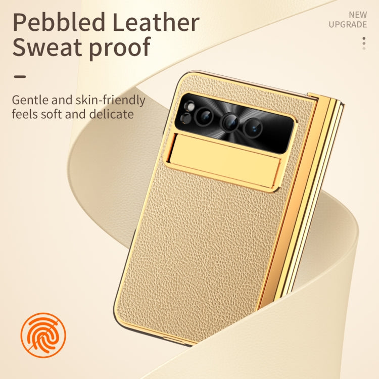 For Google Pixel Fold Litchi Pattern Electroplating Pen Slot Folding Phone Case with Stylus(Gold) - Google Cases by buy2fix | Online Shopping UK | buy2fix