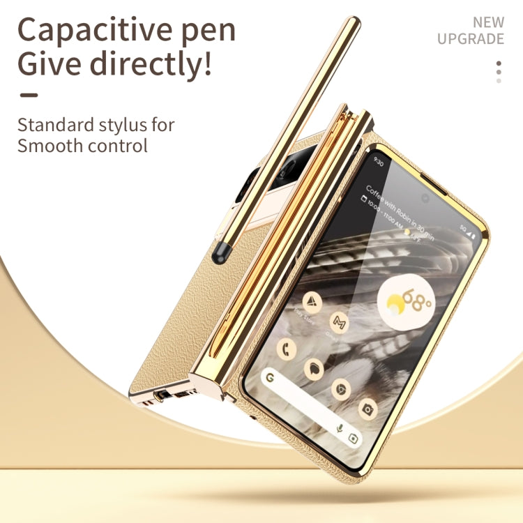 For Google Pixel Fold Litchi Pattern Electroplating Pen Slot Folding Phone Case with Stylus(Gold) - Google Cases by buy2fix | Online Shopping UK | buy2fix