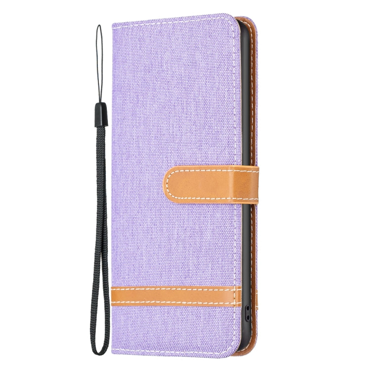 For iPhone 15 Plus Color Block Denim Texture Leather Phone Case(Purple) - iPhone 15 Plus Cases by buy2fix | Online Shopping UK | buy2fix