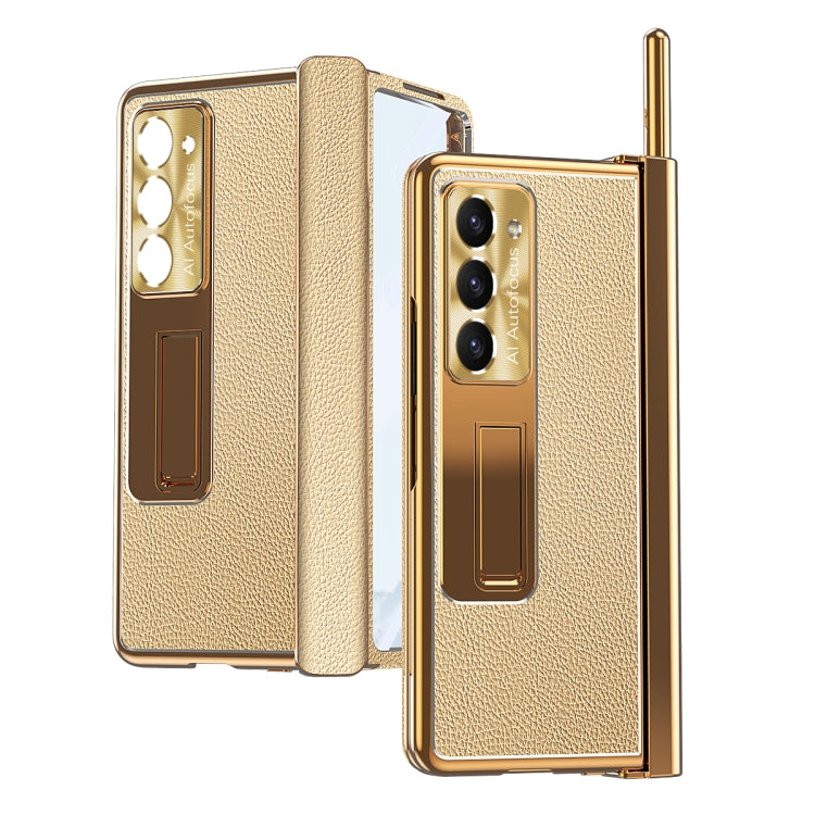 For Samsung Galaxy Z Fold5 Litchi Pattern Magnetic Shell Film Integrated Shockproof Phone Case(Gold) - Galaxy Z Fold5 Cases by buy2fix | Online Shopping UK | buy2fix