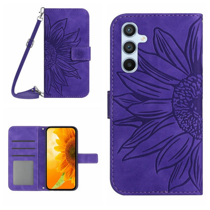 For Samsung Galaxy A25 5G Skin Feel Sun Flower Pattern Flip Leather Phone Case with Lanyard(Dark Purple) - Galaxy Phone Cases by buy2fix | Online Shopping UK | buy2fix