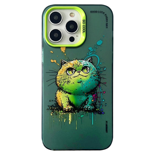 For iPhone 15 Pro Max Double Layer Color Silver Series Animal Oil Painting Phone Case(Green Cat) - iPhone 15 Pro Max Cases by buy2fix | Online Shopping UK | buy2fix