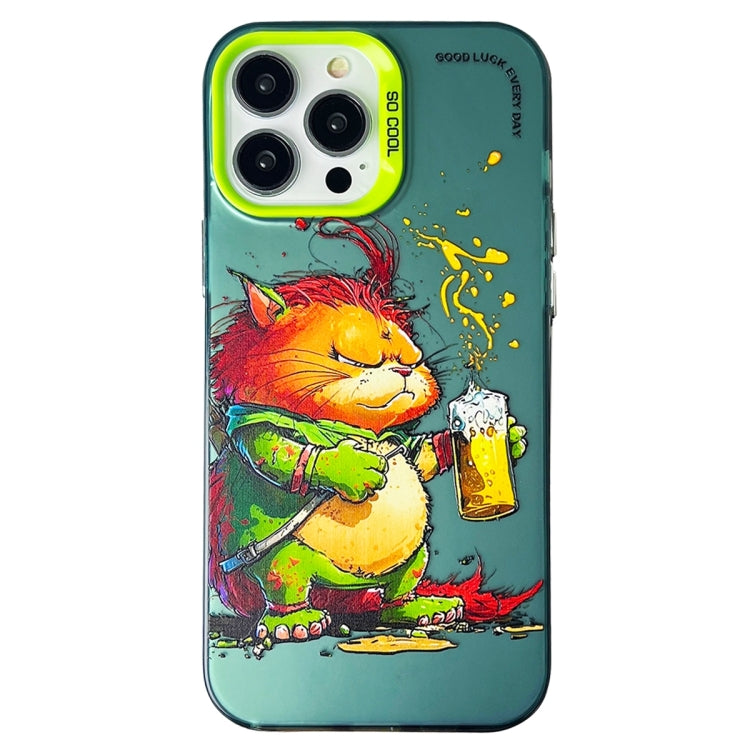 For iPhone 15 Pro Max Double Layer Color Silver Series Animal Oil Painting Phone Case(Beer Cat) - iPhone 15 Pro Max Cases by buy2fix | Online Shopping UK | buy2fix