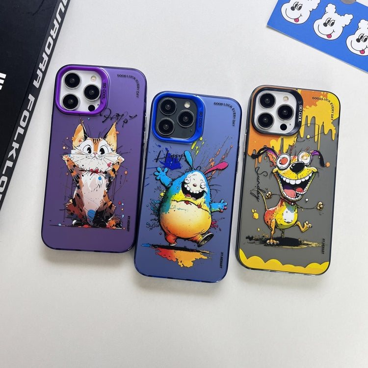 For iPhone 15 Pro Max Double Layer Color Silver Series Animal Oil Painting Phone Case(Happy Rabbit) - iPhone 15 Pro Max Cases by buy2fix | Online Shopping UK | buy2fix