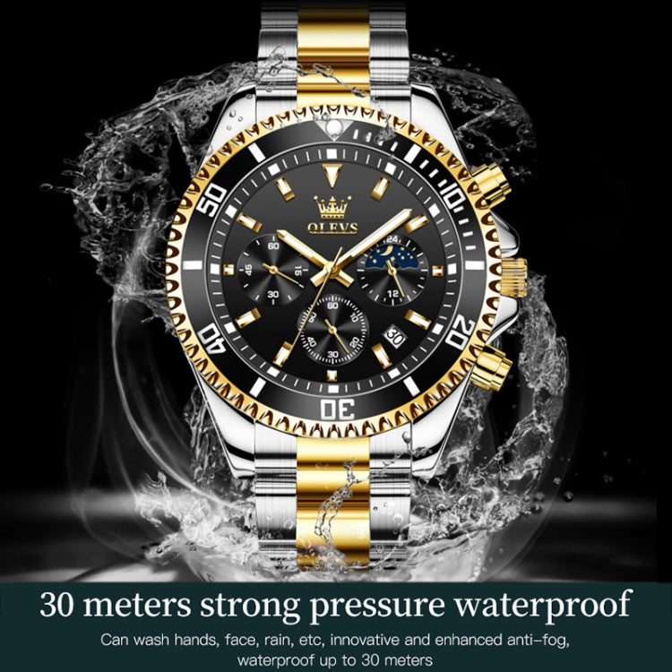 OLEVS 2870 Men Multifunctional Chronograph Three Eyes Waterproof Quartz Watch(Black + Gold) - Metal Strap Watches by OLEVS | Online Shopping UK | buy2fix