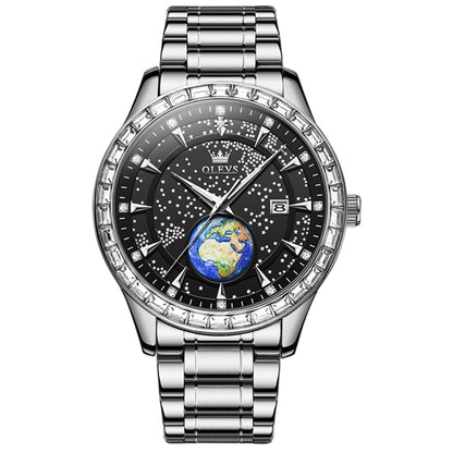 OLEVS 9967 Men Starry Sky Face Diamond Bezel Quartz Watch(Black Steel Strap) - Leather Strap Watches by OLEVS | Online Shopping UK | buy2fix