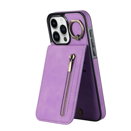 For iPhone 15 Pro Max Retro Ring and Zipper RFID Card Slot Phone Case(Purple) - iPhone 15 Pro Max Cases by buy2fix | Online Shopping UK | buy2fix