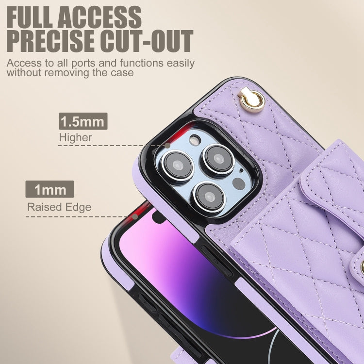 For iPhone 15 Pro Max Crossbody Rhombic Horizontal Wallet Leather Phone Case(Purple) - iPhone 15 Pro Max Cases by buy2fix | Online Shopping UK | buy2fix