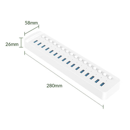 ORICO CT2U3-16AB Plastic Stripes 16 Ports USB 3.0 HUB with Individual Switches, Plug:US Plug(White) - USB 3.0 HUB by ORICO | Online Shopping UK | buy2fix