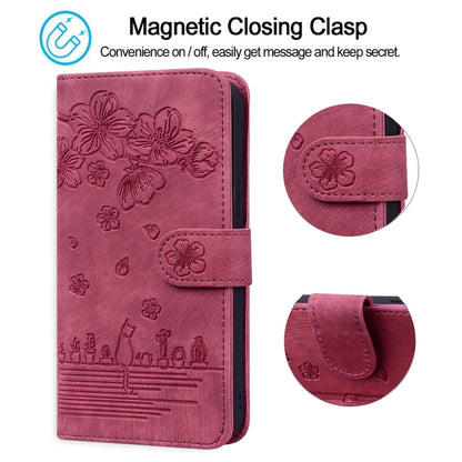 For iPhone 15 Pro Max Cartoon Sakura Cat Embossed Leather Phone Case(Wine Red) - iPhone 15 Pro Max Cases by buy2fix | Online Shopping UK | buy2fix