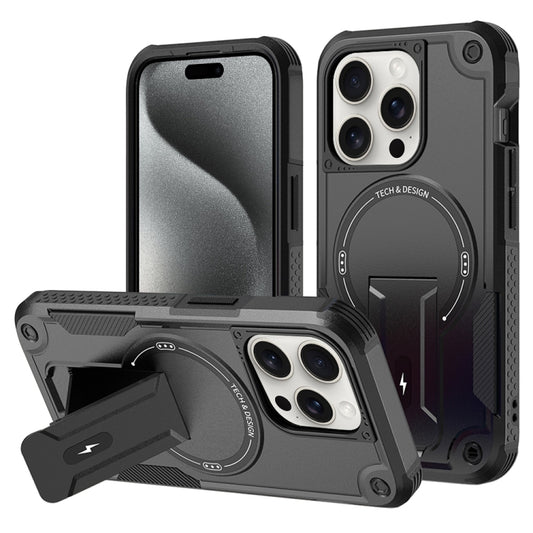 For iPhone 15 Pro MagSafe Holder Armor PC Hybrid TPU Phone Case(Black) - iPhone 15 Pro Cases by buy2fix | Online Shopping UK | buy2fix