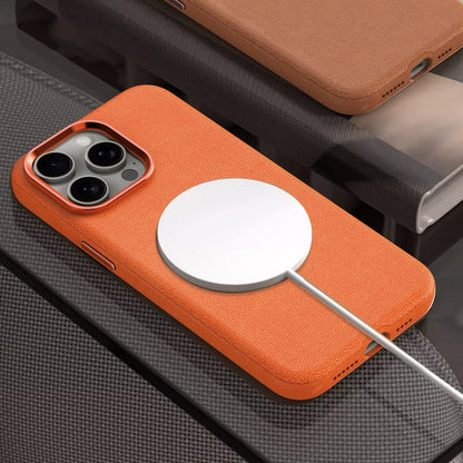 For iPhone 13 Pro Metal Lens Frame Leather Magsafe Full Coverage Shockproof Phone Case(Orange) - iPhone 13 Pro Cases by buy2fix | Online Shopping UK | buy2fix