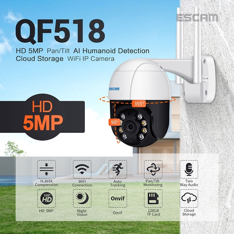 ESCAM QF518 5MP Smart WiFi IP Camera, Support AI Humanoid Detection / Auto Tracking / Dual Light Night Vision / Cloud Storage / Two Way Audio / TF Card, Plug:EU Plug(White) - Security by ESCAM | Online Shopping UK | buy2fix