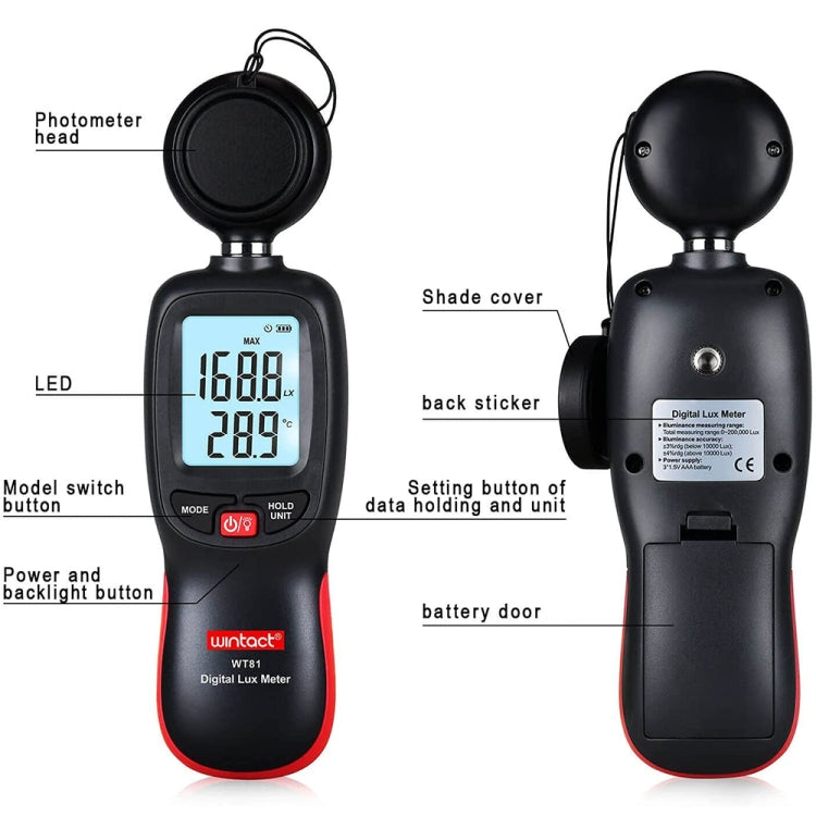 Wintact WT81 Digital Light Lux Meter for Factory / School / House Various Occasion, Range: 0-200,000 Lux (Black) - Light & Sound Meter by Wintact | Online Shopping UK | buy2fix