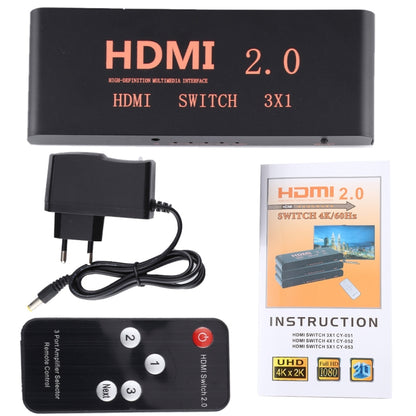 3X1 4K/60Hz HDMI 2.0 Switch with Remote Control, EU Plug - Switch by buy2fix | Online Shopping UK | buy2fix