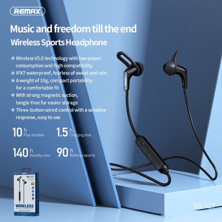REMAX RB-S27 Sports Music Bluetooth V5.0 Wireless Earphone, Support Hands-free (Black) - Neck-mounted Earphone by REMAX | Online Shopping UK | buy2fix
