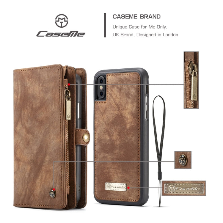 For iPhone X / XS CaseMe-008 TPU + PC Magnetic Absorption Detachable Back Cover Horizontal Flip Leather Case with Holder & Card Slots & Zipper Wallet & Photo Frame(Brown) - Apple Accessories by CaseMe | Online Shopping UK | buy2fix