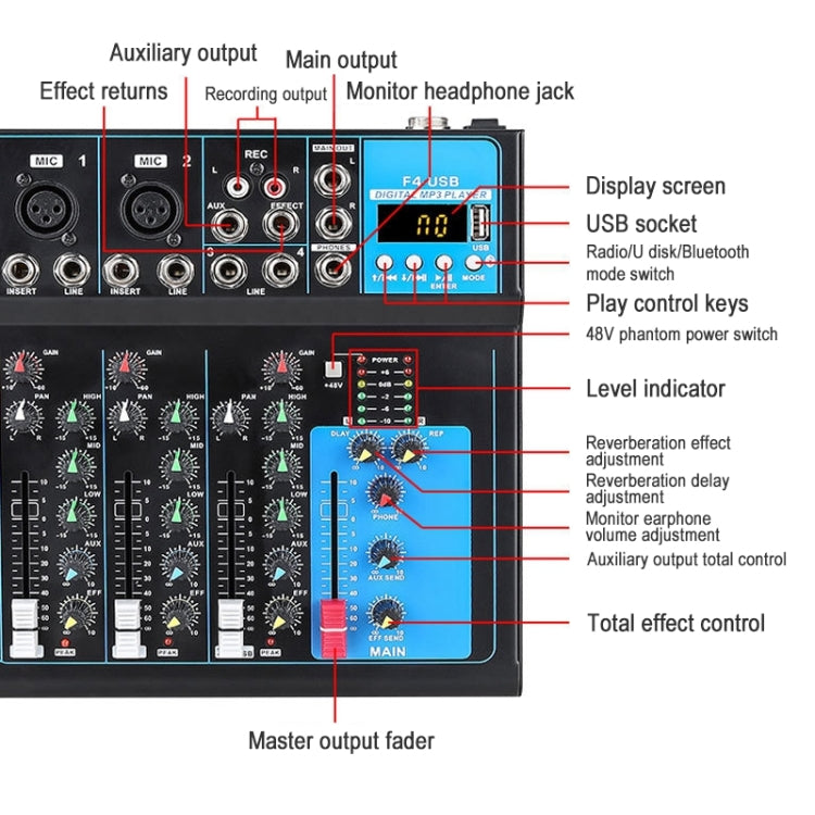 F4 Home 4-channel Bluetooth USB Reverb Mixer, EU Plug (Black) - Consumer Electronics by buy2fix | Online Shopping UK | buy2fix