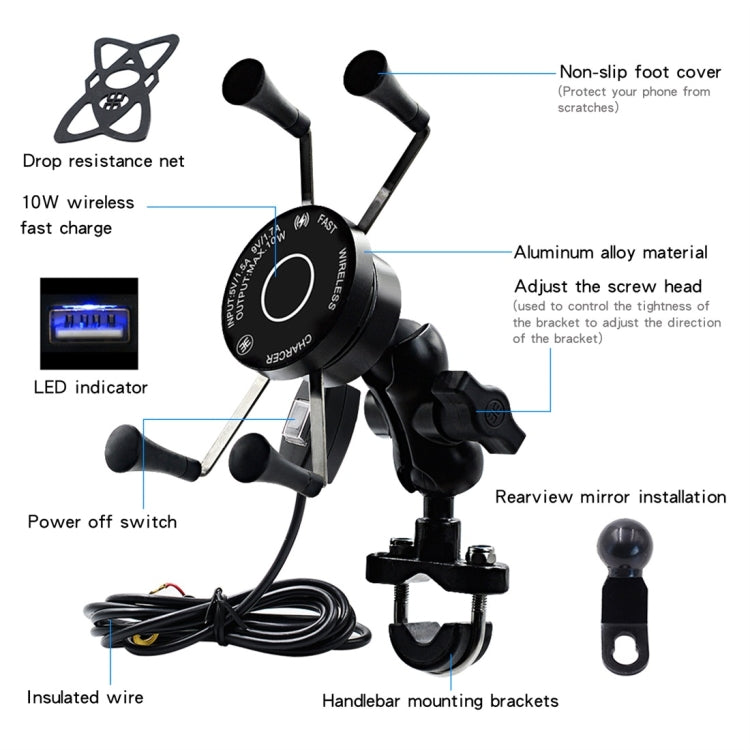 CS-878A1 Multi-function Motorcycle Wireless Wired Aluminum Alloy Mobile Phone Holder Charger (Black) - In Car by buy2fix | Online Shopping UK | buy2fix