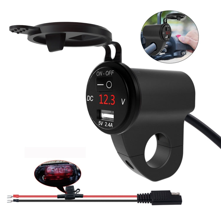 ZH-975B1 Motorcycle Aluminum Alloy Waterproof Mobile Phone Single USB Charger with Red Voltmeter(Black) - In Car by buy2fix | Online Shopping UK | buy2fix