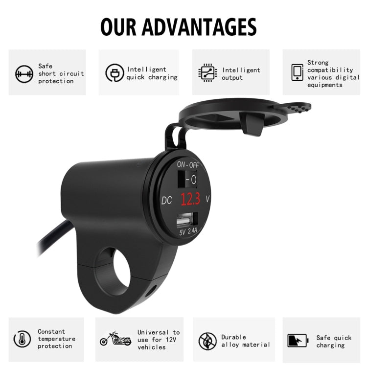 ZH-975B1 Motorcycle Aluminum Alloy Waterproof Mobile Phone Single USB Charger with Red Voltmeter(Black) - In Car by buy2fix | Online Shopping UK | buy2fix