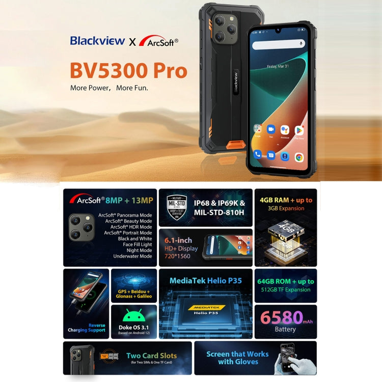 Blackview BV5300 Pro Rugged Phone, 4GB+64GB, IP68/IP69K/MIL-STD-810H, Face Unlock, 6580mAh Battery, 6.1 inch Android 12 MTK6765 Helio G35 Octa Core up to 2.3GHz, Network: 4G, OTG, NFC, Dual SIM(Black) - Blackview by Blackview | Online Shopping UK | buy2fix