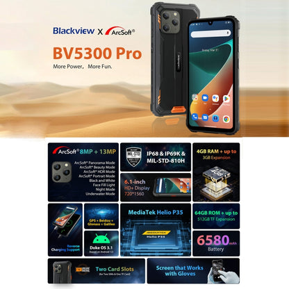 Blackview BV5300 Pro Rugged Phone, 4GB+64GB, IP68/IP69K/MIL-STD-810H, Face Unlock, 6580mAh Battery, 6.1 inch Android 12 MTK6765 Helio G35 Octa Core up to 2.3GHz, Network: 4G, OTG, NFC, Dual SIM(Black) - Blackview by Blackview | Online Shopping UK | buy2fix