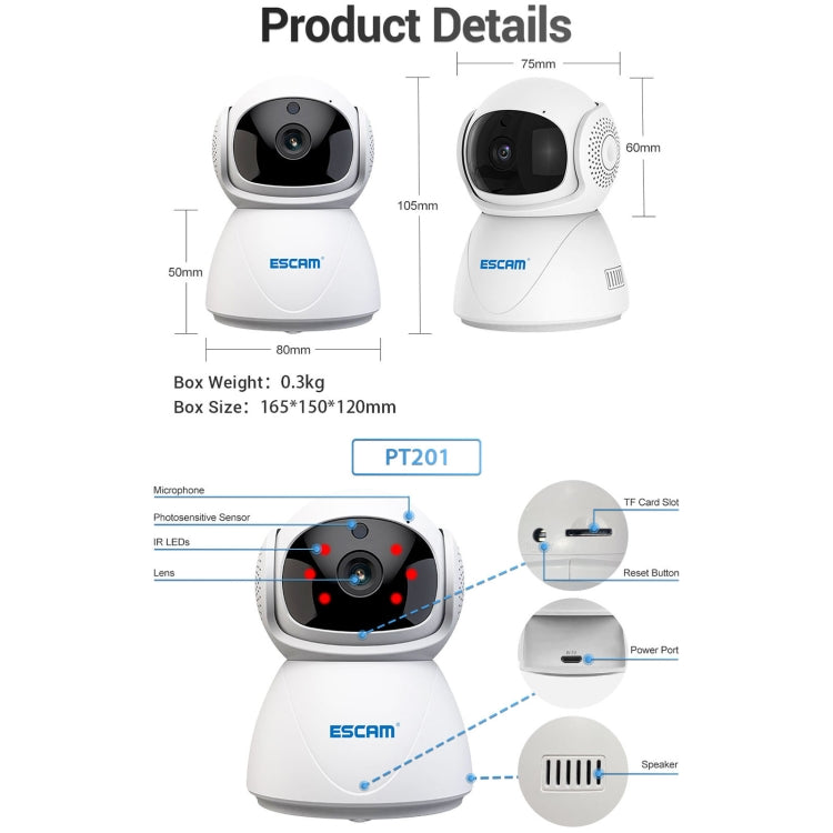 ESCAM PT201 HD 1080P Dual-band WiFi IP Camera, Support Night Vision / Motion Detection / Auto Tracking / TF Card / Two-way Audio, US Plug - Security by ESCAM | Online Shopping UK | buy2fix