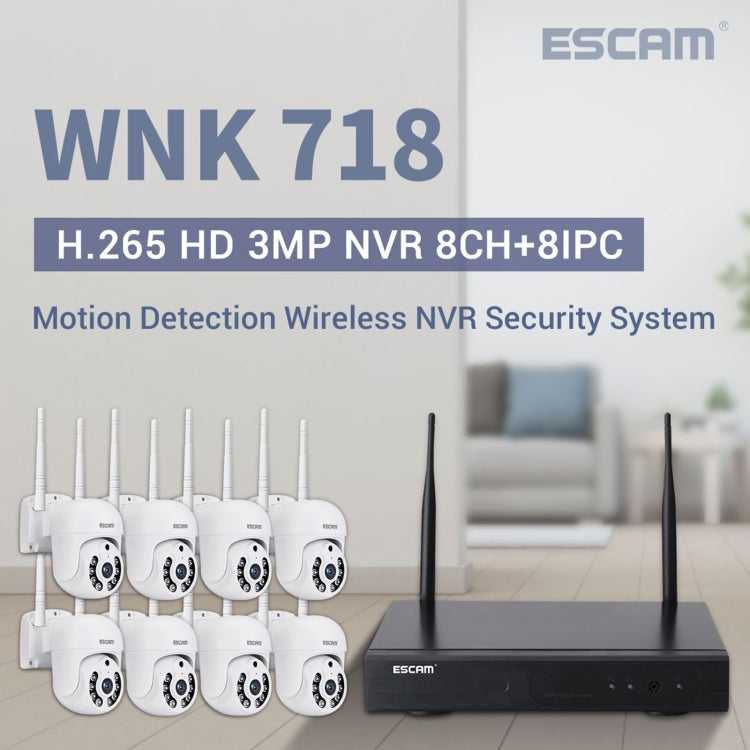 ESCAM WNK718 HD 3.0 Million Pixels 8-channel Wireless + 8IPC Wireless NVR Security System, UK Plug - Security by ESCAM | Online Shopping UK | buy2fix