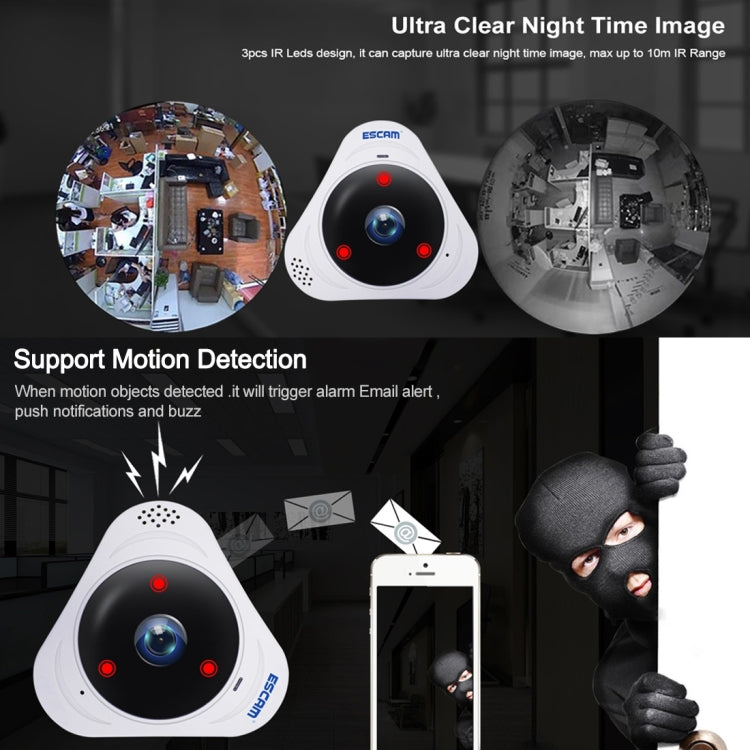 ESCAM Q8 960P 360 Degrees Fisheye Lens 1.3MP WiFi IP Camera, Support Motion Detection / Night Vision, IR Distance: 5-10m, UK Plug(White) - Security by ESCAM | Online Shopping UK | buy2fix