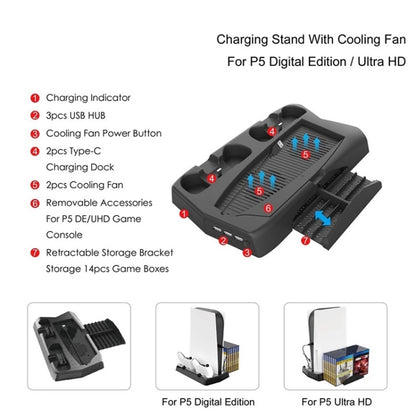 KJH P5-010-2 Multi-function Charging Cooling Fan Base with Storage Tray Bracket For PS5 De / UHD - Toys & Hobbies by buy2fix | Online Shopping UK | buy2fix