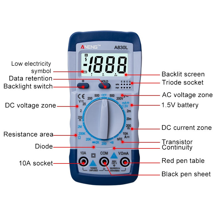 ANENG A830L Handheld Multimeter Household Electrical Instrument (Blue White) - Consumer Electronics by ANENG | Online Shopping UK | buy2fix