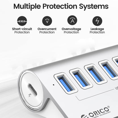 ORICO M3U7-G2 Aluminum Alloy 7-Port USB 3.2 Gen2 10Gbps HUB with 1m Cable (Silver) -  by ORICO | Online Shopping UK | buy2fix