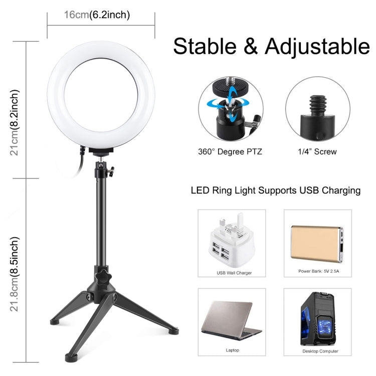 PULUZ 6.2 inch 16cm USB 3 Modes Dimmable LED Ring Vlogging Photography Video Lights + Desktop Tripod Holder with Cold Shoe Tripod Ball Head - Ring Light by PULUZ | Online Shopping UK | buy2fix