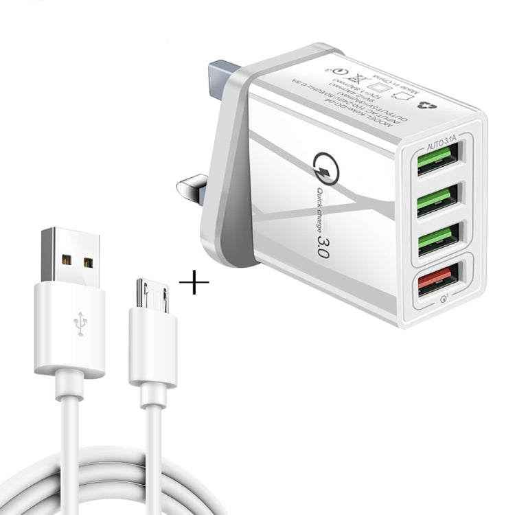 2 in 1 1m USB to Micro USB Data Cable + 30W QC 3.0 4 USB Interfaces Mobile Phone Tablet PC Universal Quick Charger Travel Charger Set, UK Plug(White) - Mobile Accessories by buy2fix | Online Shopping UK | buy2fix