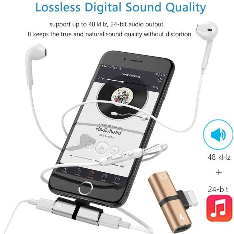 Zs-18182 2 in 1 8 Pin Male to 8 Pin Charging + 8 Pin Audio Female Connector Earphone Adapter, Supports Call & Volume Control(Silver + Black) - Earphone Adapter by buy2fix | Online Shopping UK | buy2fix