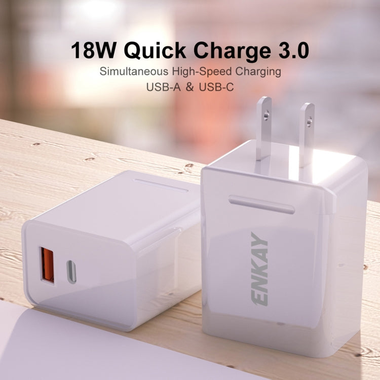 ENKAY Hat-Prince U033 18W 3A PD + QC3.0 Dual USB Fast Charging Power Adapter US Plug Portable Travel Charger With 1m 3A 8 Pin Cable - Mobile Accessories by ENKAY | Online Shopping UK | buy2fix