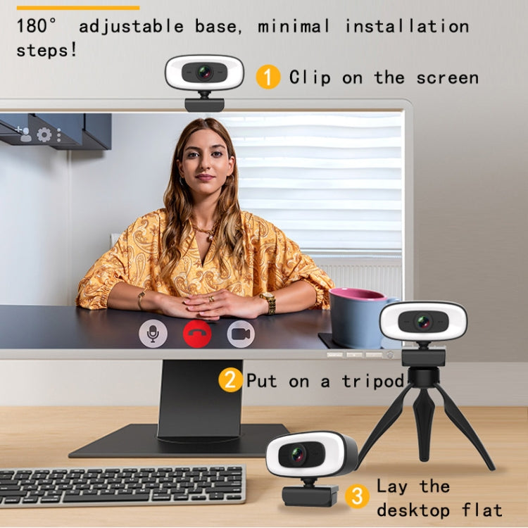 C10 2K HD Without Distortion 360 Degrees Rotate Three-speed Fill Light USB Free Drive Webcams, Built-in Clear Sound Microphone - HD Camera by buy2fix | Online Shopping UK | buy2fix